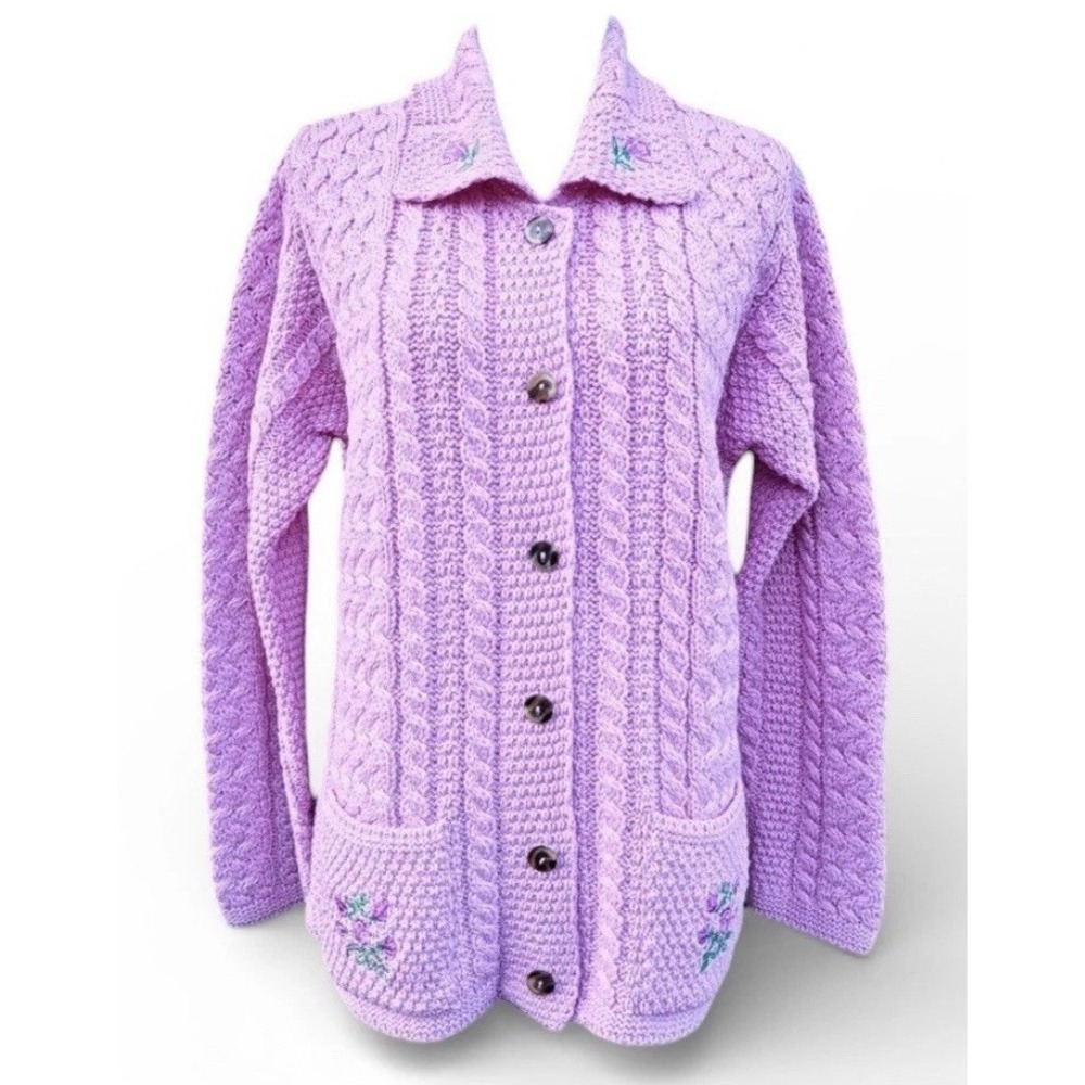 ARAN CRAFTS Wool Cardigan Cable Knit Sweater Floral Embroidery Fisherman‎ Sz M